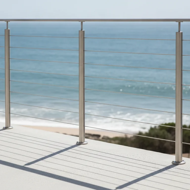 Taut 316 marine-grade stainless steel wire rope balustrade system mounted on sleek vertical metal posts overlooking a sunny Australian coastal ocean horizon.