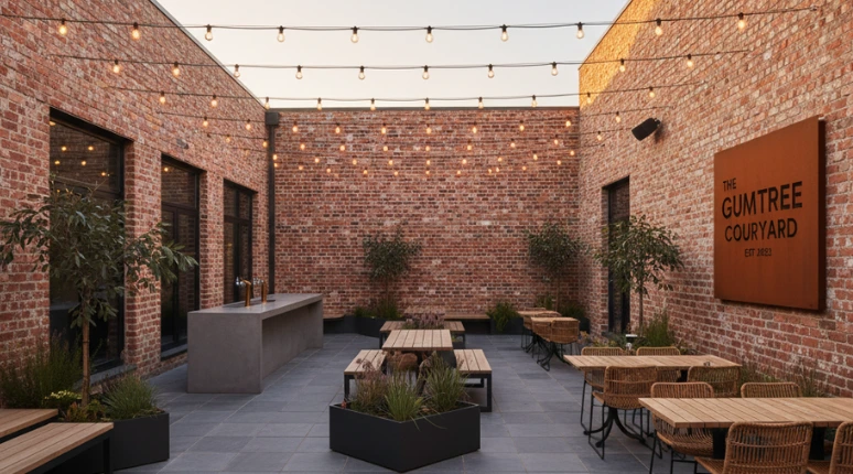 The Gumtree Courtyard outdoor brick patio featuring overhead string lights, wooden tables, and concrete bar counter.