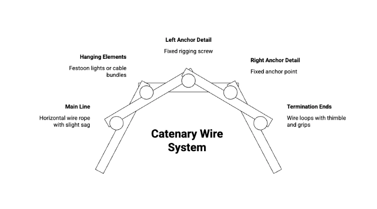 Catenary wire system diagram showing horizontal wire rope main line, rigging screw anchor detail, and termination ends.