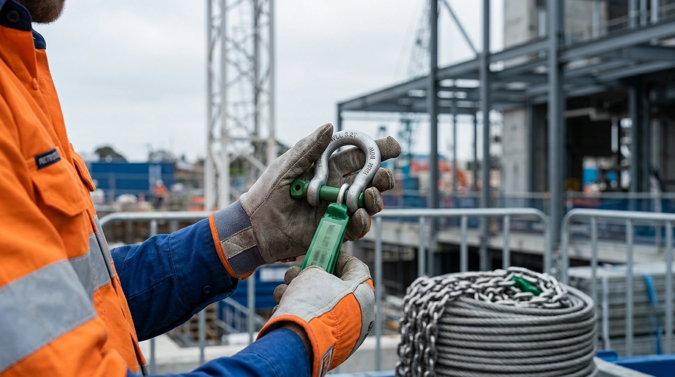 High-tensile steel bow shackle with green safety tag held by rigged construction worker