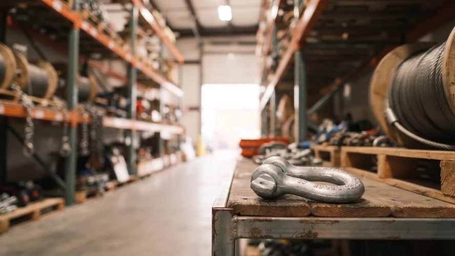 Heavy-duty rated bow shackle resting on a wooden workbench inside a modern rigging equipment and wire rope warehouse.