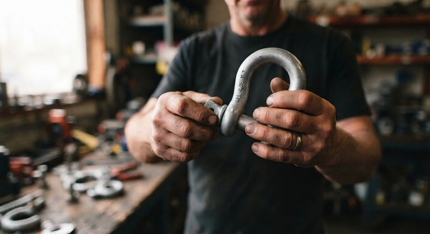 Hands of an experienced rigger inspecting a galvanized bow shackle in a workshop, checking the pin and stamped working load limit markings.