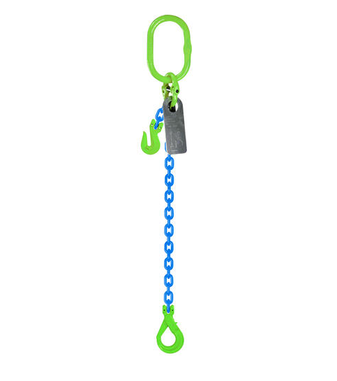 Single leg grade 100 lifting chain sling with grab hook shortener and self locking safety hook