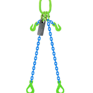 Grade 100 2-leg lifting chain sling with blue powder-coated chain and lime green master link and hooks