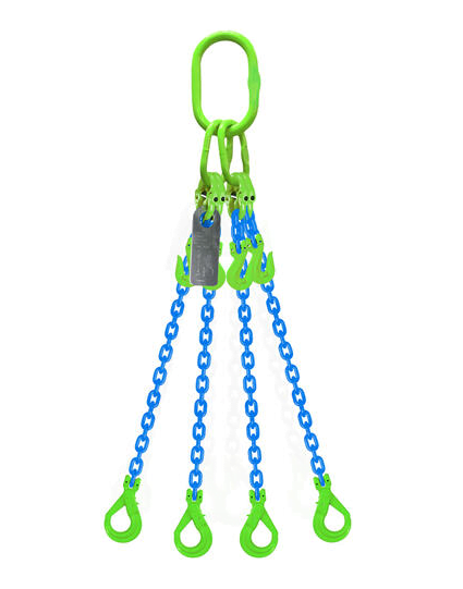G100 4 leg adjustable chain sling with shortening grab hooks and green self locking clevis hooks.