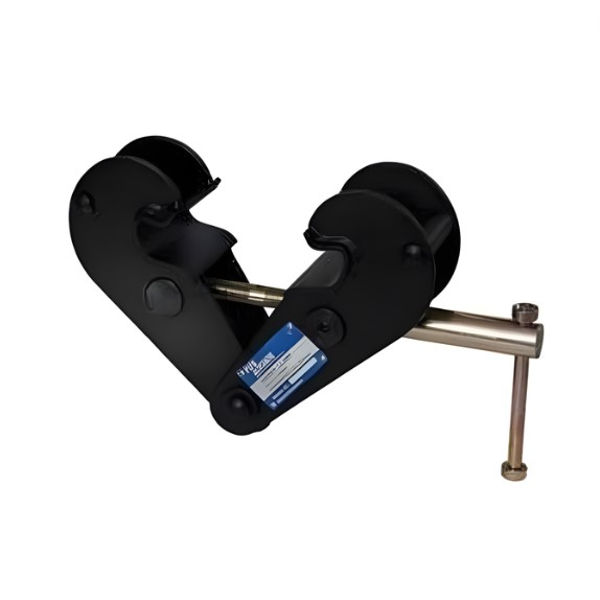 Matte black adjustable girder clamp for I-beam rigging and overhead suspension systems.
