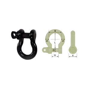 Black powder coated bow shackle with technical dimension diagram and screw pin details