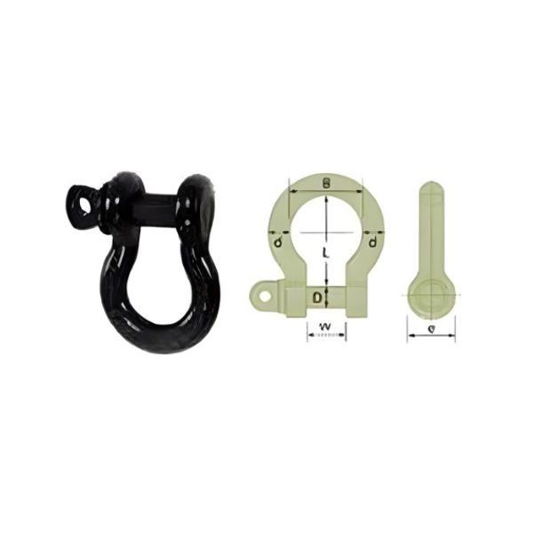 Black powder coated bow shackle with technical dimension diagram and screw pin details
