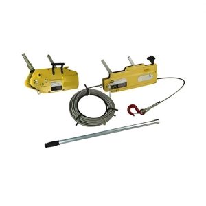 Yellow manual wire rope winch hoist kit with steel cable, red safety hook, and telescopic handle.