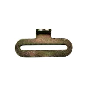 Metal butterfly hook fitting with webbing slot for truck cargo tie-down and restraint systems.