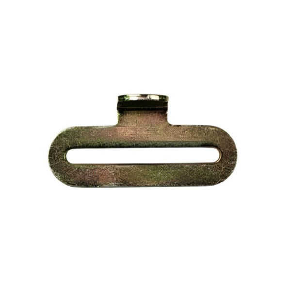 Metal butterfly hook fitting with webbing slot for truck cargo tie-down and restraint systems.