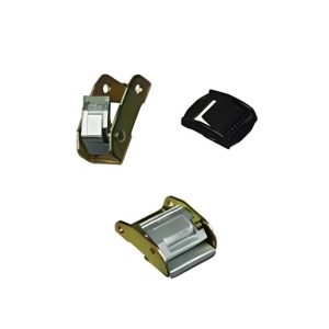 Steel cam buckles and over-center latches for cargo tie-down straps.