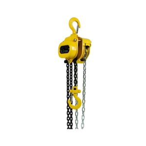 Yellow manual chain hoist with steel load chain and swivel safety hooks.