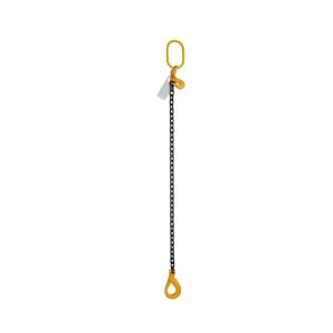 Single leg grade 80 lifting chain sling with oblong master link and yellow clevis sling hook with latch.