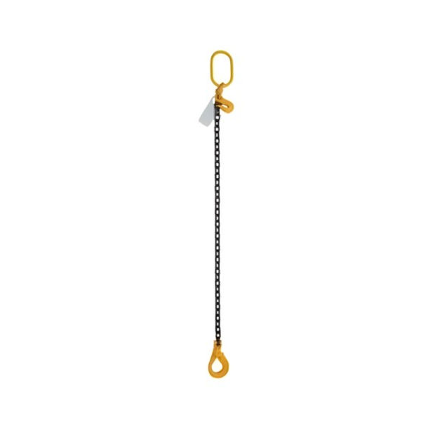 Single leg grade 80 lifting chain sling with oblong master link and yellow clevis sling hook with latch.