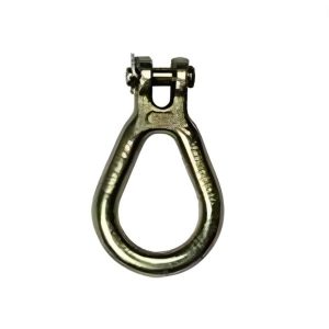 Steel clevis lug link with gold zinc finish and cotter pin for rigging and chain slings.