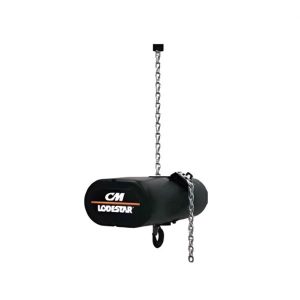 CM Lodestar electric chain hoist with matte black finish and steel lifting chain for industrial rigging.