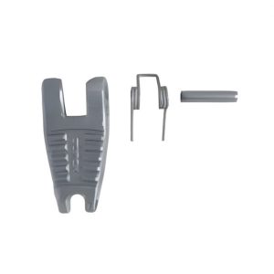 Sand-blasted safety latch assembly with metal torsion spring and pivot pin.
