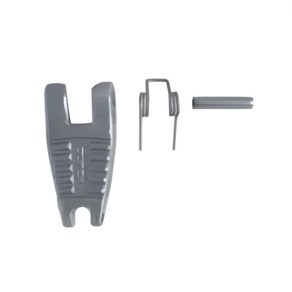 Sand-blasted safety latch assembly with metal torsion spring and pivot pin.
