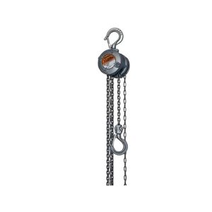 Industrial manual chain hoist with top and bottom heavy-duty safety hooks and lifting chains.