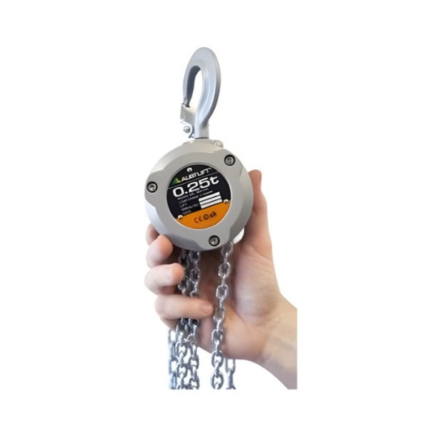 Austlift 0.25t mini chain block hoist with galvanized load chain and safety latch hook.