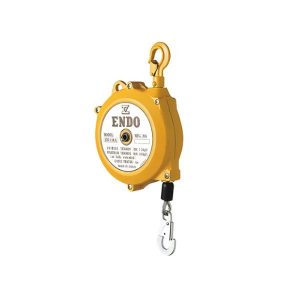 Yellow ENDO industrial spring balancer with top mounting hook and bottom cable suspension hook.