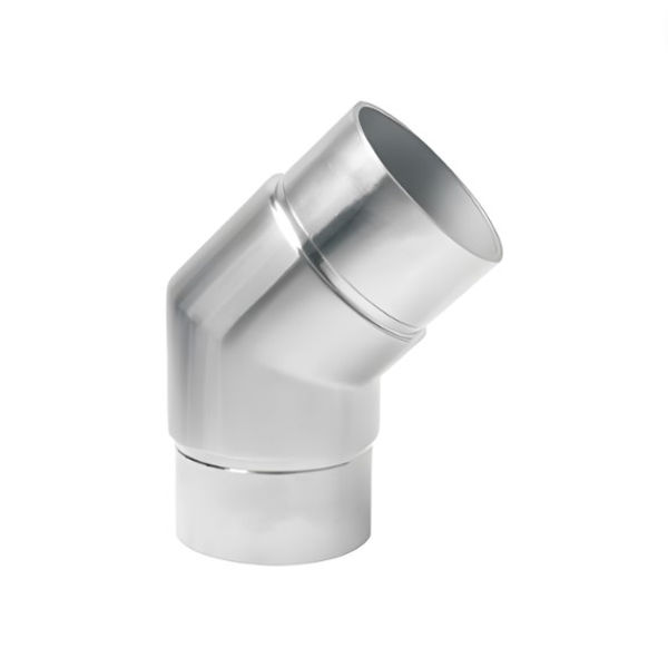 Polished stainless steel 45-degree adjustable flush elbow joiner for round balustrade handrails.
