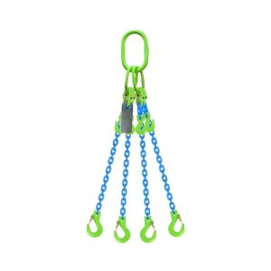 Grade 100 4-leg lifting chain sling with lime green master link and four clevis sling hooks.
