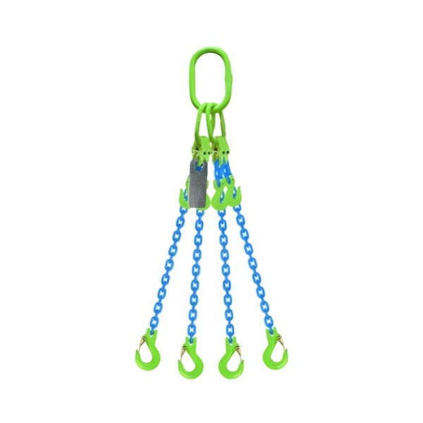 Grade 100 4-leg lifting chain sling with lime green master link and four clevis sling hooks.