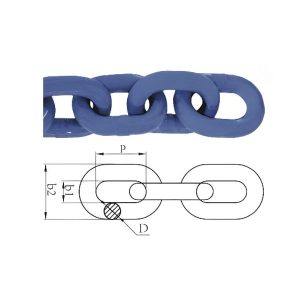 Blue powder coated steel lifting chain with technical dimension diagram showing pitch and link diameter.