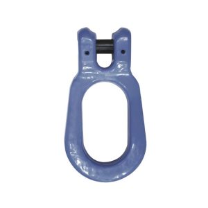 Blue powder coated pear-shaped master link with clevis pin connector for lifting chains.