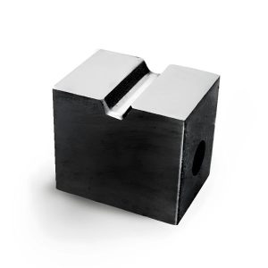 Square steel V-block featuring a 90-degree groove and lateral through-hole.