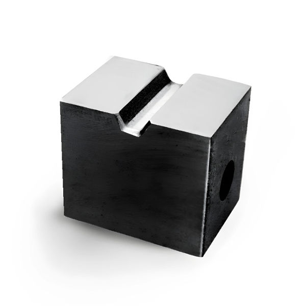 Square steel V-block featuring a 90-degree groove and lateral through-hole.