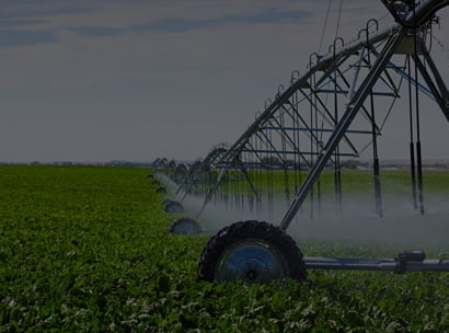 Center pivot irrigation system with galvanized steel trusses over a green vegetable field.