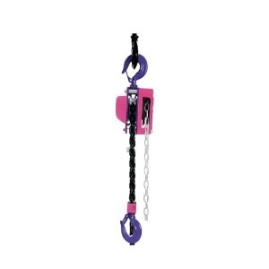 Pink and purple manual chain hoist with load chain and swivel safety hooks.