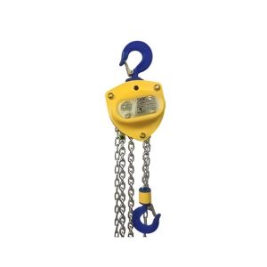 Yellow 6m manual chain block with steel load chain and blue safety hooks.