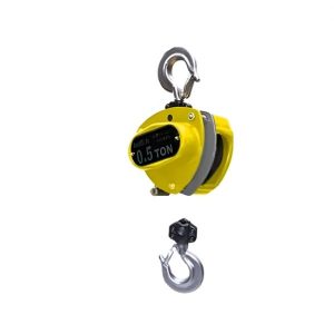 0.5 Ton yellow electric chain hoist with top and bottom safety swivel hooks and steel housing.