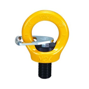 Yellow M24 swivel lifting eye bolt with black thread and spring-loaded safety latch.