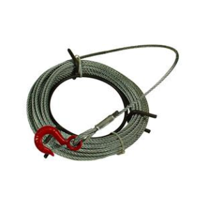Steel wire rope cable coil with red swivel safety hook and thimble eye attachment.