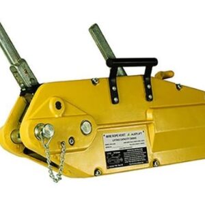 Yellow manual wire rope hoist winch with dual levers and safety load pin