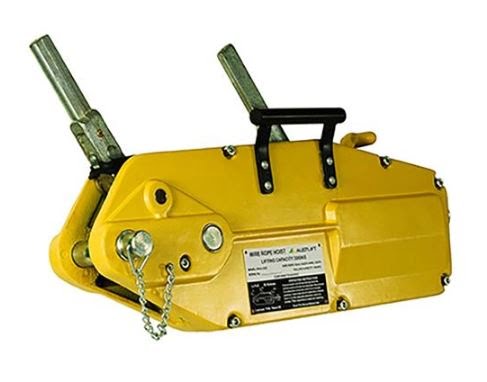 Yellow manual wire rope hoist winch with dual levers and safety load pin