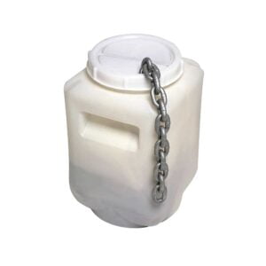 Square white plastic water ballast weight with heavy-duty galvanized metal link chain.