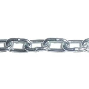 Zinc plated steel link chain for commercial security and hanging applications.
