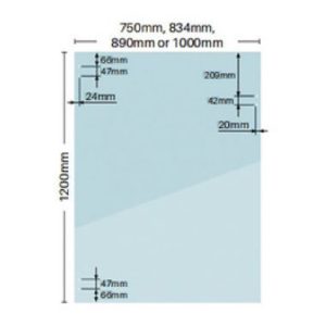 Technical diagram of 1200mm glass balustrade panel with pre-drilled holes and mounting dimensions.