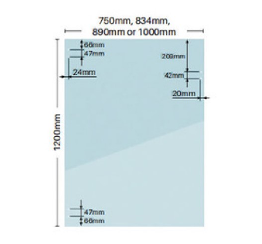 Technical diagram of 1200mm glass balustrade panel with pre-drilled holes and mounting dimensions.