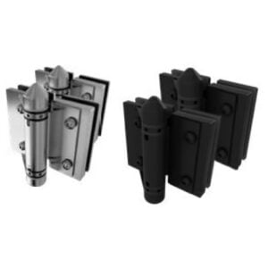 Pair of heavy duty stainless steel glass to glass pool gate hinges in polished and matte black finishes.
