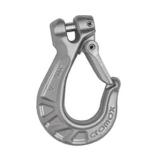 Stainless steel clevis grab hook with safety latch.