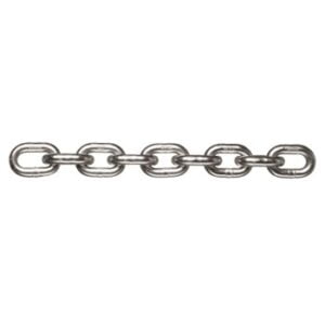 Polished stainless steel short link chain for marine and architectural rigging applications.
