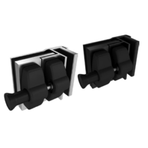 Stainless steel and matte black side-pull spring latches for glass-to-glass pool gate balustrades.