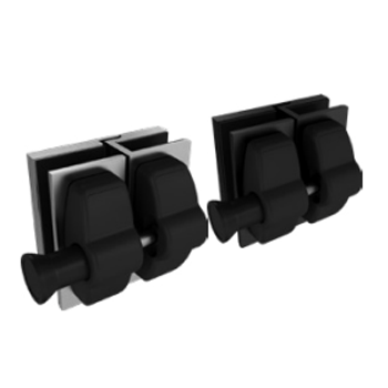 Pair of matte black glass-to-glass pull latches for frameless balustrade gates with stainless steel hardware.